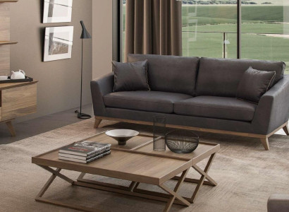Gray Imitation Leather Three Seater Living Room Sofa Modern Couch Style Furniture